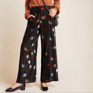 Anthropologie Eva Franco Velvet Metallic Pasquette Floral Wide Leg Pants 14